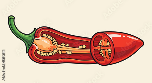 Cross-section of a Red Chili Pepper Showing Seeds and Inner Structure, Vibrant Illustration