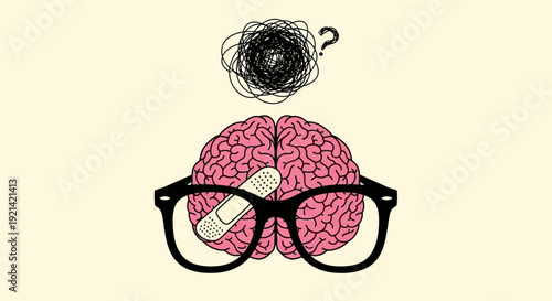 Confused Brain with Band-Aid and Glasses Symbolizing Mental Health Issues and Solutions