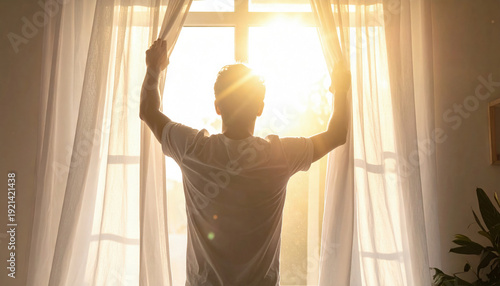 Man Opening Window with Morning Sunlight for Natural Energy