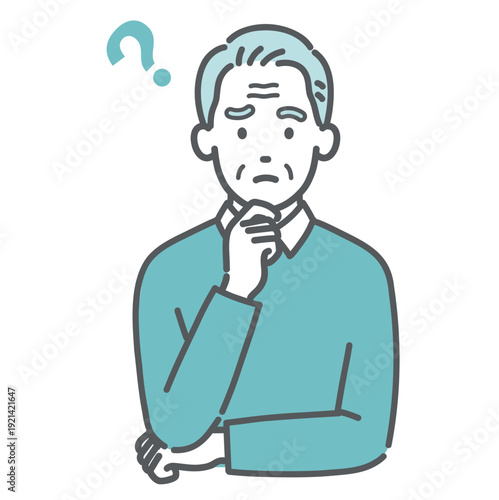 悩む・考える高齢男性のイラスト（ハテナマーク・上半身）
