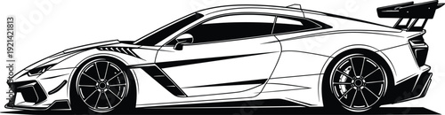 Black and white sports car with spoiler and alloy wheels vehicle automobile