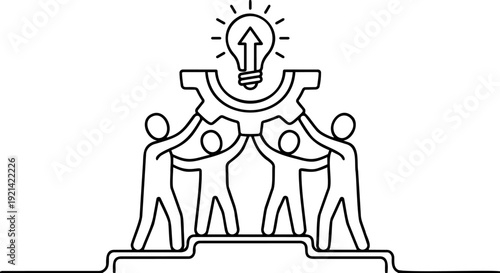 Black and white continuous line art vector illustration of a business teamwork and success concept featuring four people on a podium holding up a gear with a lightbulb and an upward growth arrow