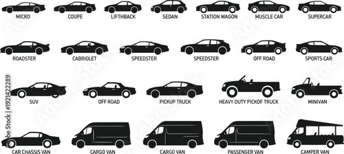 Black silhouettes of various car types on white background car silhouettes vehicle types black and white