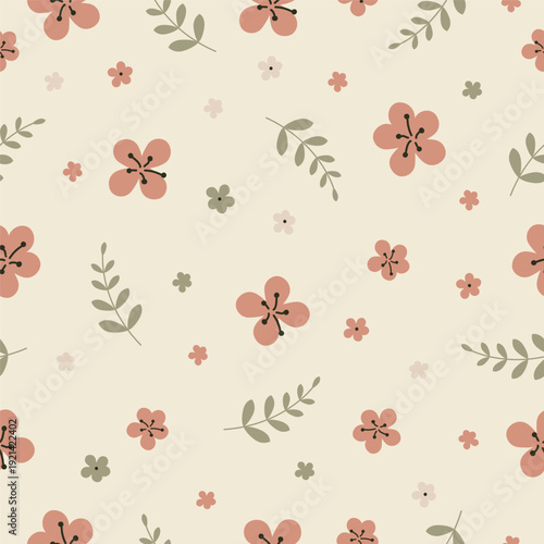 A seamless ditsy floral pattern featuring small scattered flowers and delicate botanical elements.