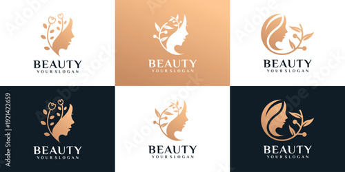 Set of beauty golden woman face with nature spa fashion boutique concept