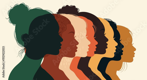 Diverse Women Faces in Profile Silhouette, Symbolizing Unity and Equality Across Cultures