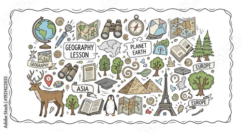 Doodle Style Geography Lesson Vector Illustration with World Globe and Landmarks