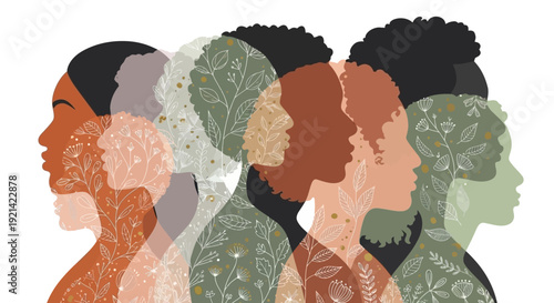 Diverse Group of Women Silhouettes with Floral Patterns Representing Unity and Diversity
