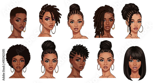 Diverse Black Women Hairstyles Vector Collection: Afro, Dreadlocks, Braids & Updos