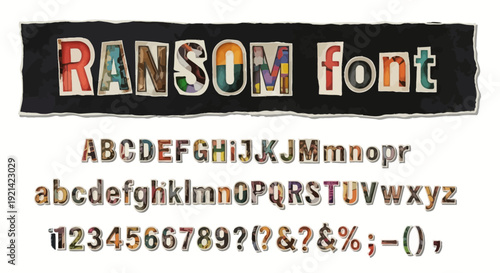 Ransom Font Style Letters, Numbers, and Symbols Cutout on Black Background