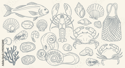 Collection of Hand-Drawn Seafood Delicacies and Marine Life in Outline Style