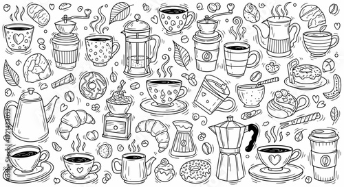 Hand-Drawn Coffee Shop Doodles Featuring Various Cups, Pastries, and Brewing Equipment