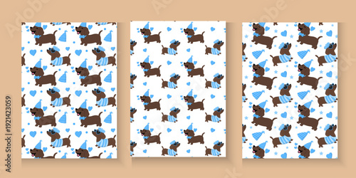 Set of Adorable Cartoonish Puppies Vector Illustration Set Isolated. Dog seamless pattern poster, banner, cards with cute blue brown dogs.