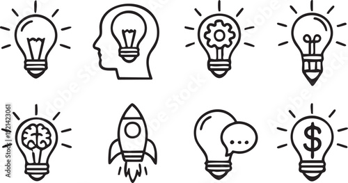 Creative Idea Icons – Lamp Line Style Lightbulb Set, Flat Vector Illustration