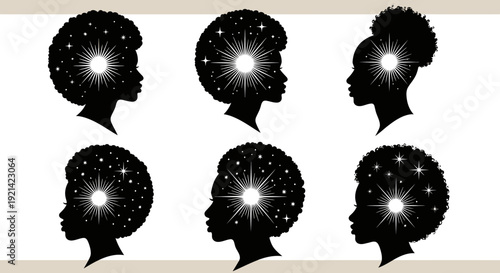Diverse Black Women Silhouettes with Cosmic Inner Minds and Starbursts