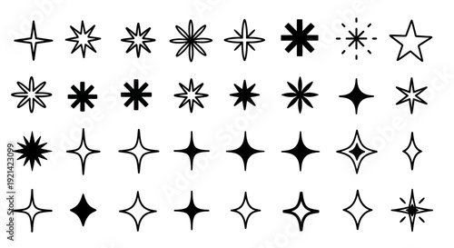 Diverse Collection of Hand-Drawn Starburst and Sparkle Icons for Graphic Design