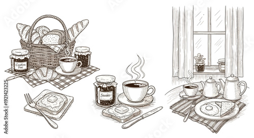 Charming Vintage Breakfast Spread Vector Illustration with Breads, Jams, and Coffee