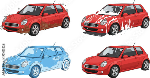 Dirty and clean red and blue mini cooper cars red car blue car dirty car