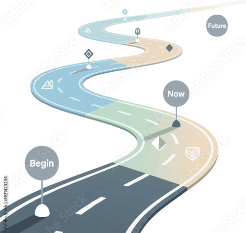 Winding Road Timeline Concept – Curved Pathway for Business Growth, Journey, and Milestones Vector Illustration