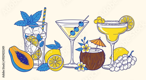 Charming Summer Drinks and Fruits Vector Collection with Refreshing Cocktails and Tropical Flavors