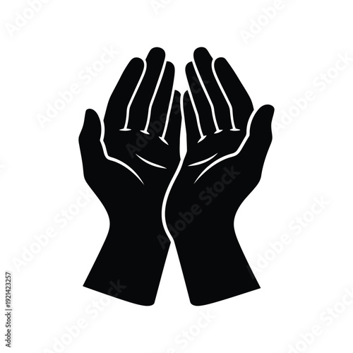 Open hands silhouette vector illustration, black praying hands icon isolated on white background