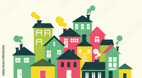 Charming Colorful Houses and Buildings in a Stylized Neighborhood Vector Illustration