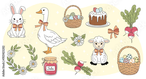 Charming Easter Vector Elements Collection Featuring Bunny, Goose, Lamb, Eggs, and Spring Flowers