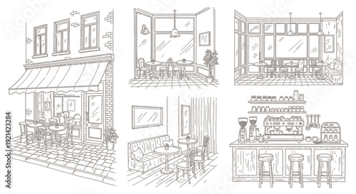 Charming Cafe Scenes Vector Illustration Set - Exterior and Interior Views