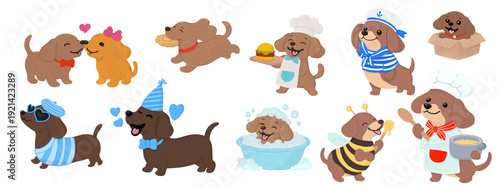 Set of Adorable Cartoonish Puppies Vector Illustration Set Isolated. Dog seamless pattern poster, banner, cards with cute blue brown dogs.