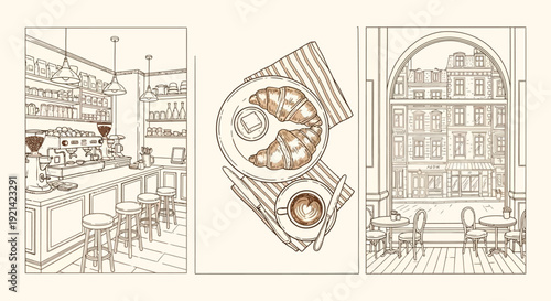 Charming Cafe Scene Vector Illustration with Croissants and Coffee