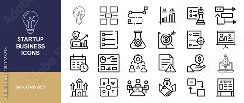 Startup and Business Strategy Line Icon Set with SWOT, Marketing, Funding, Growth, Planning and Innovation Symbols