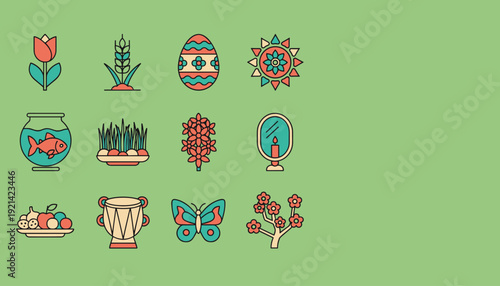 Collection of decorative elements including flowers, fish, and butterflies in various styles and shapes on a solid background