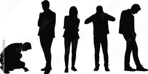Emotional human silhouettes, standing and crouching figures, thoughtful body language, expressive posture, psychological concept illustration