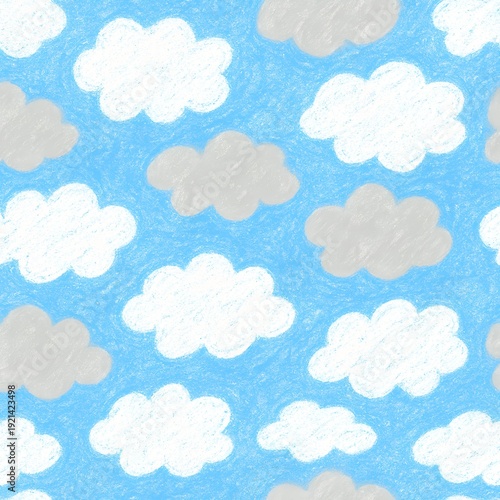 Seamless pattern of hand-drawn white and grey clouds on blue sky