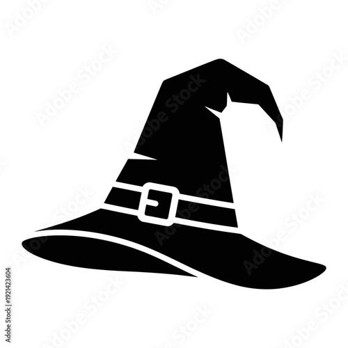 A black silhouette of a witches hat on a white background