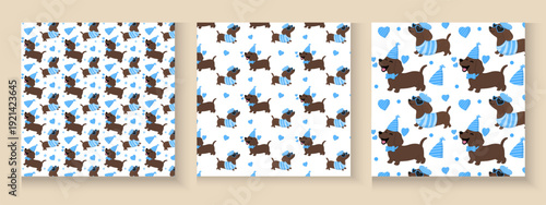 Set of Adorable Cartoonish Puppies Vector Illustration Set Isolated. Dog seamless pattern poster, banner, cards with cute blue brown dogs.