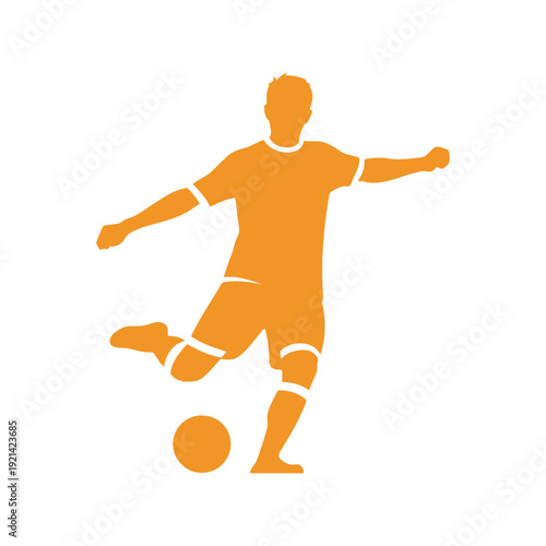 Soccer player kicking ball vector silhouette in orange isolated on white background