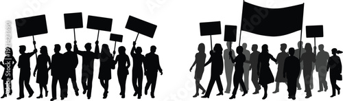 Protest crowd silhouettes holding blank banners, people demonstration march isolated on white background activism social movement concept