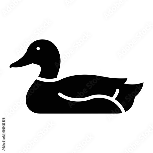 A black silhouette of a duck on a white background