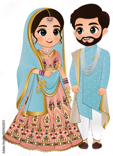  Wedding invitation card the bride and groom cute couple in traditional indian dress cartoon character