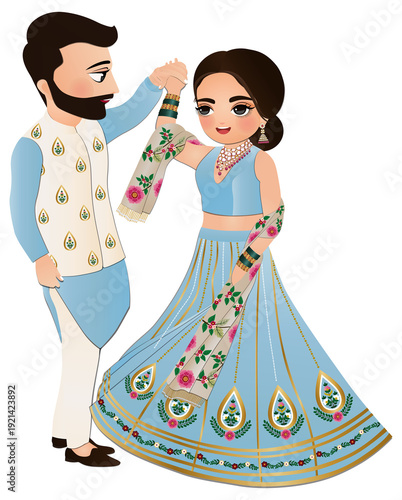  Wedding invitation card the bride and groom cute couple in traditional indian dress cartoon character