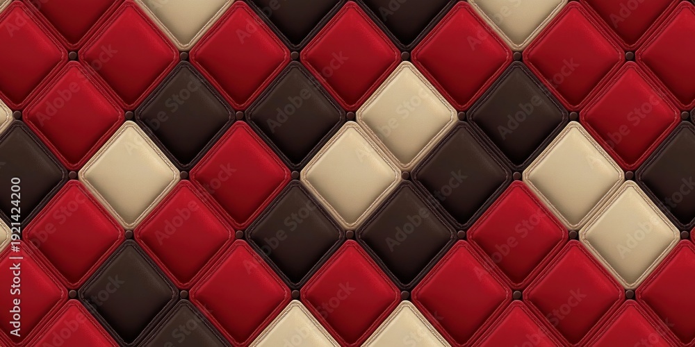 Fototapeta premium quilted leather diamond tile pattern with stitched seams and small buttons in red, brown and cream, evoking warm cozy luxury