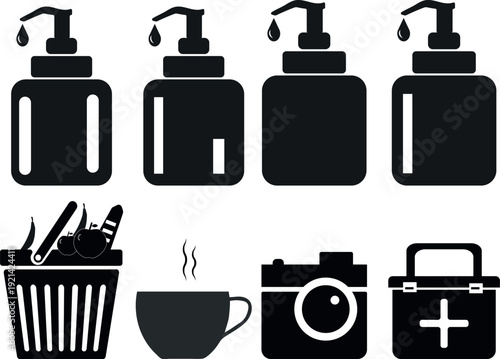 First Aid Box, Camera, Fruits Container and Hand Washing Bottles Isolated on White Background