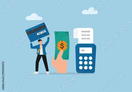 Financial Transaction and Payment System Concept Illustration with Business Person Holding Credit Card, Hand Paying with Dollar Bill, and Electronic Payment Terminal Printing Receipt, Banking Services