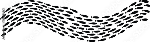 School of fish silhouettes forming flowing wave shape, marine life underwater movement isolated on white background vector illustration