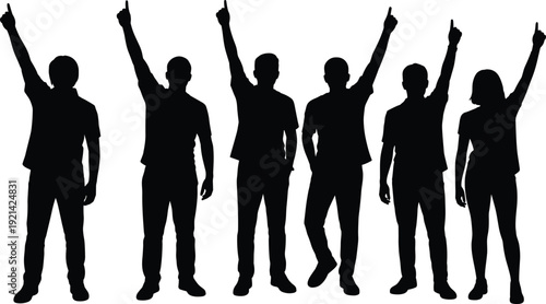Silhouette group pointing upward illustration, teamwork unity concept, motivational gesture vector, aspiration success design, collective agreement symbol art for projects
