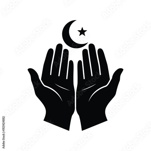 Islamic prayer hands silhouette with crescent moon and star vector for Ramadan design