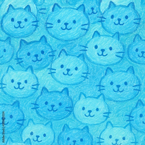 Seamless pattern of cute hand-drawn blue cats in a doodle style