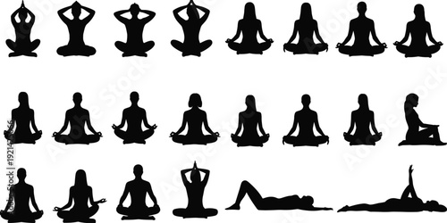 Yoga meditation silhouette illustration with diverse poses, mindfulness relaxation vector, wellness exercise design, spiritual practice art, health balance concept