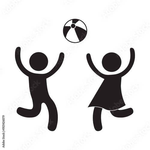 flat icon vector of girls and boys playing volleyball together